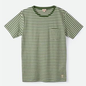 Armor Lux Breton Linen Green and White Striped Pocket Tee